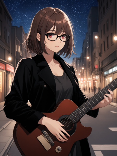 31073054-684726996372596-1girl, upper body, standing, playing guitar, medium hair, brown hair, red eyes, black glasses, black jacket, sleeves rolled up,.png